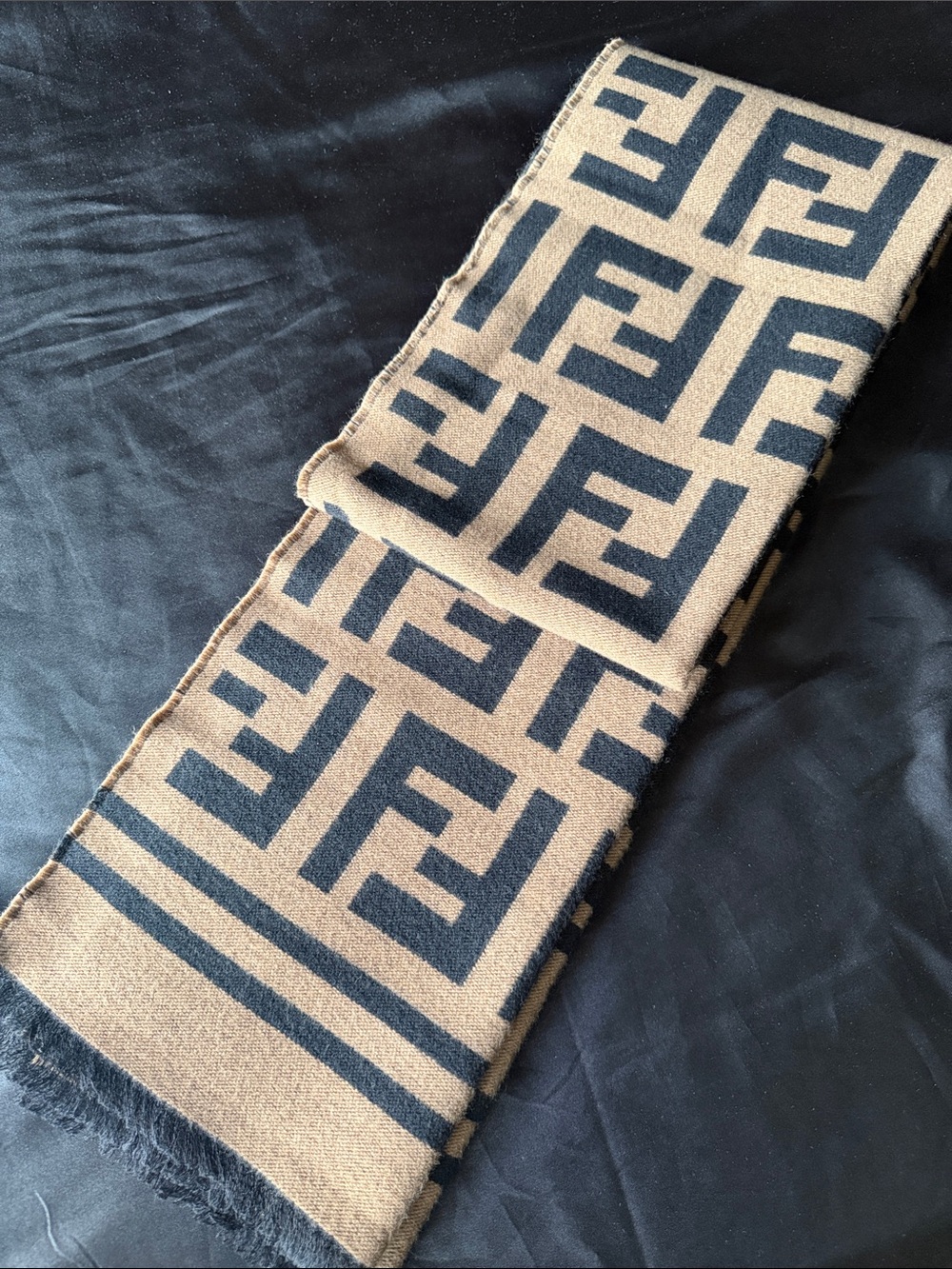 Unisex Fendi Beige and Black FF Logo Scarf